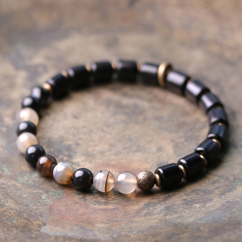Bracelet couple paix Buddha Stones bois d'ébène jaspe rouge mousse agate cristal cuivre