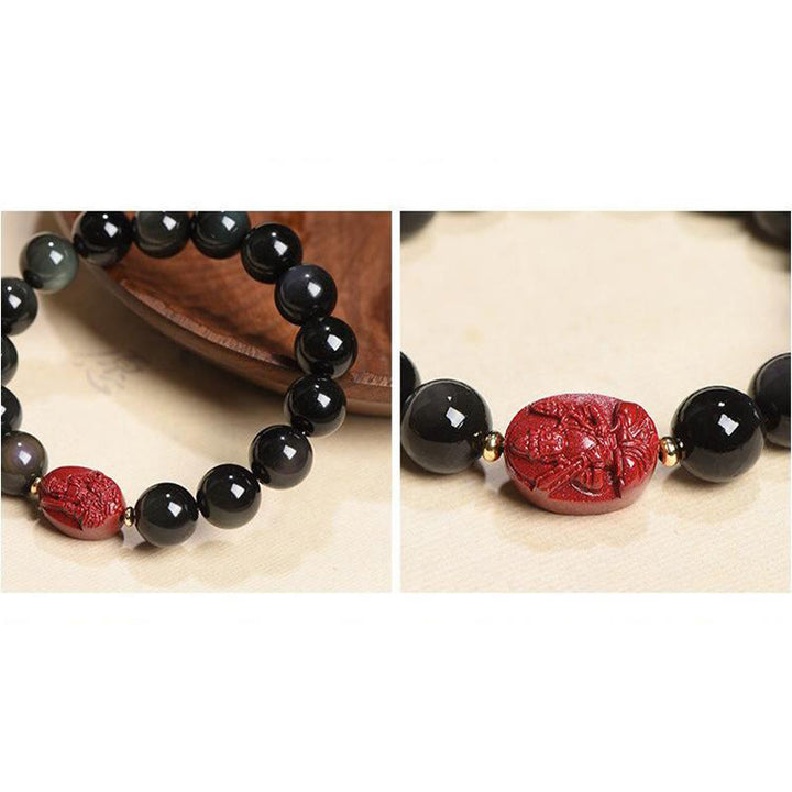 Bracelet de purification en obsidienne noire naturelle et cinabre avec Buddha Stones et zodiaque chinois