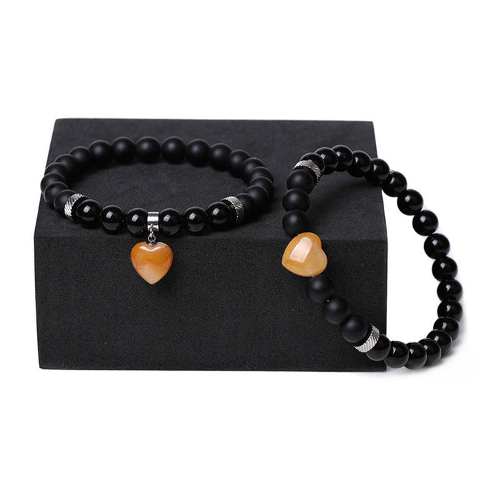 Bracelet de couple en pierre de cristal d'onyx noir Buddha Stones 2 pièces Protection du cœur d'amour