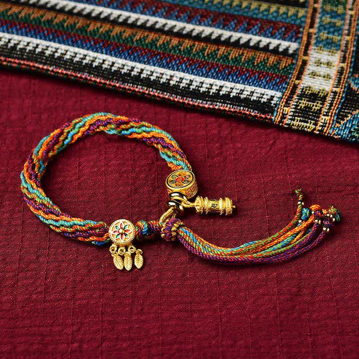 Bracelet tressé en Buddha Stones avec nœud de réincarnation et roue de prière, attrape-rêves