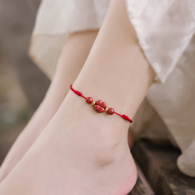 Bracelet de cheville en corde calme Buddha Stones à quatre feuilles et bénédiction en cinabre