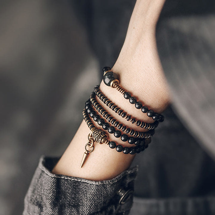 Bracelet multicouche positif en cuivre et bois d'ébène avec Buddha Stones arc-en-ciel obsidienne