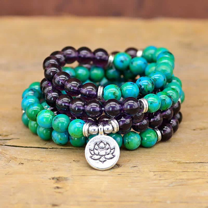 Bracelet à breloques Lotus spirituel en Buddha Stones Améthyste Aventurine verte
