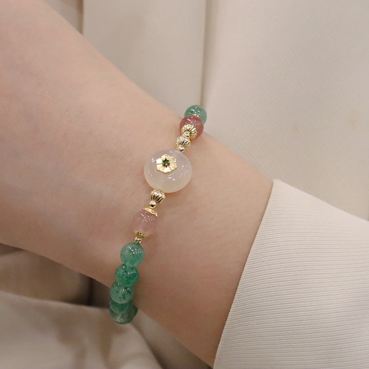 Bracelet de gratitude en Buddha Stones en quartz fraise vert naturel et calcédoine