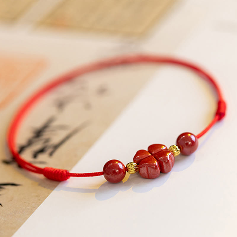 Bracelet de cheville en corde calme Buddha Stones à quatre feuilles et bénédiction en cinabre