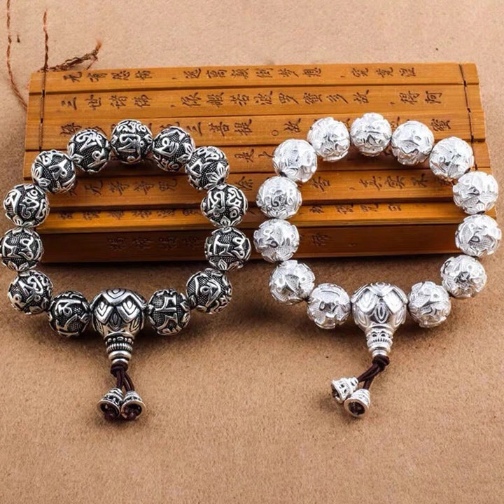 Bracelet amulette en perles en alliage sculptées avec Buddha Stones tibétaines Om Mani Padme Hum