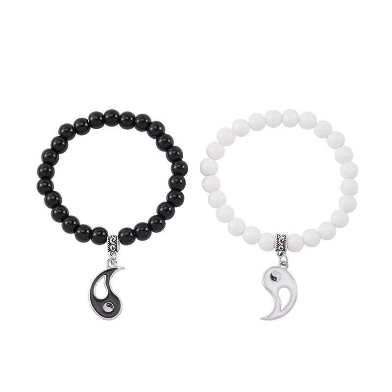 Bracelet de couple Yin Yang en perles de turquoise blanches et onyx noir Buddha Stones 2 pièces