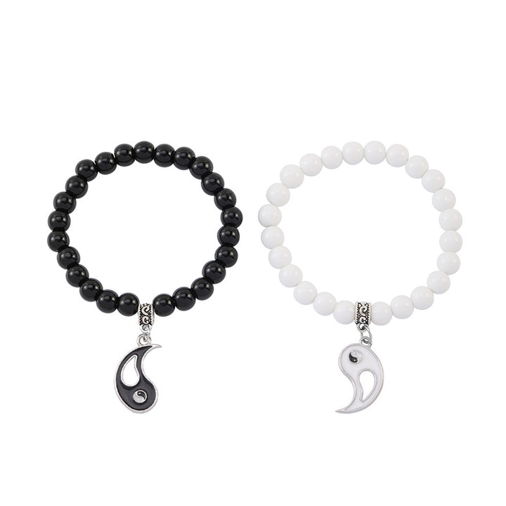 Bracelet de couple Yin Yang en perles de turquoise blanches et onyx noir Buddha Stones 2 pièces