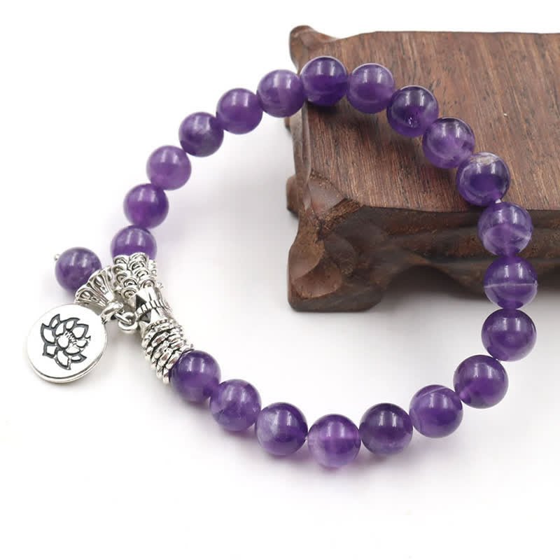 Bracelet d'équilibre et de guérison en cristal d'améthyste et de lotus en Buddha Stones