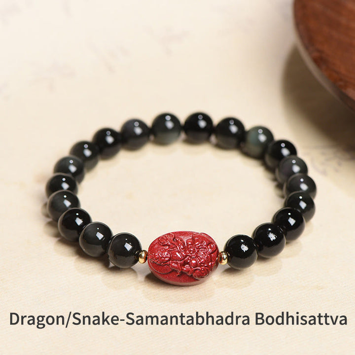 Bracelet de purification en obsidienne noire naturelle et cinabre avec Buddha Stones et zodiaque chinois