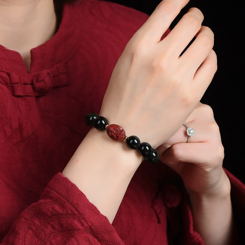 Bracelet de purification en obsidienne noire naturelle et cinabre avec Buddha Stones et zodiaque chinois
