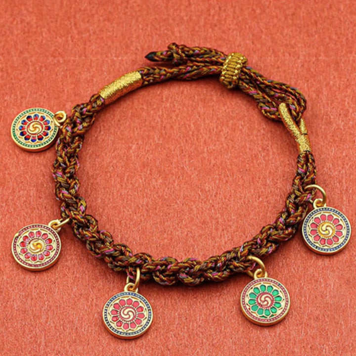 Bracelet Thangka Tibétain en Cordon Tressé Chanceux avec Cinq Dieux de la Richesse