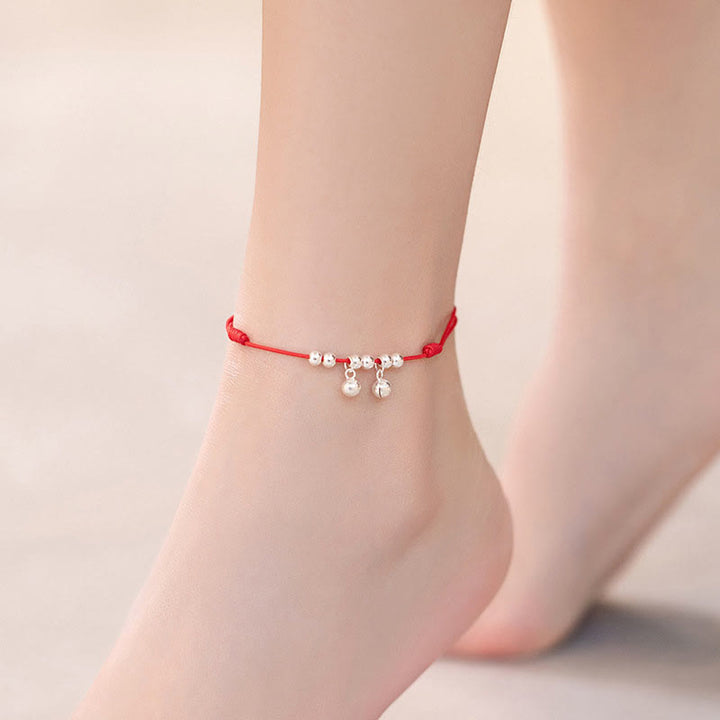 Bracelet de cheville en argent sterling 925 avec breloque en forme de cloche tressée rouge et Buddha Stones