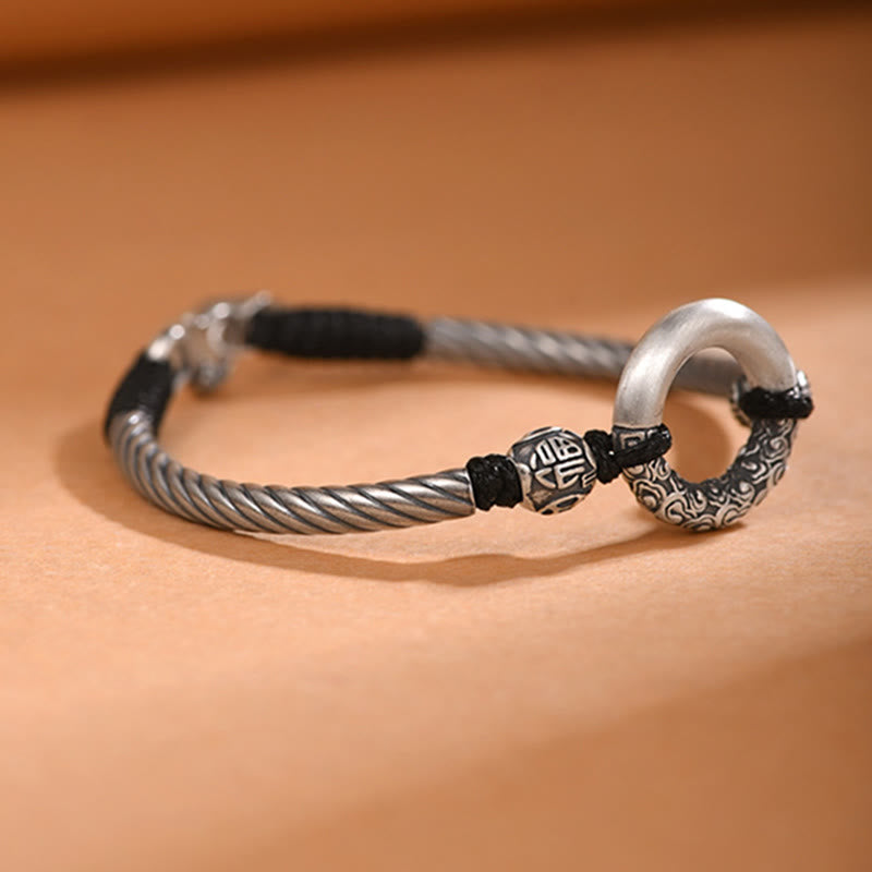 Bracelet de fortune en argent sterling 999 avec boucle de paix et personnage Fu en pièces de cuivre et pierres de Buddha Stones