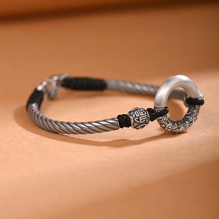 Bracelet de fortune en argent sterling 999 avec boucle de paix et personnage Fu en pièces de cuivre et pierres de Buddha Stones