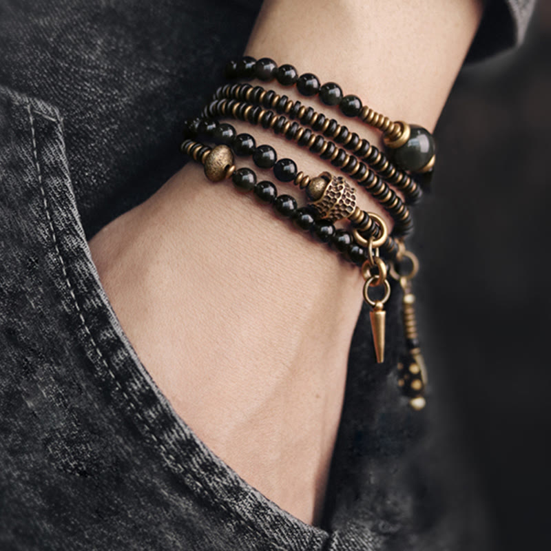 Bracelet multicouche positif en cuivre et bois d'ébène avec Buddha Stones arc-en-ciel obsidienne