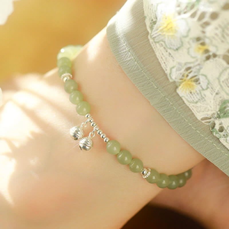 Bracelet de cheville en argent sterling 925 avec breloque en forme de cloche de prospérité en jade naturel Hetian