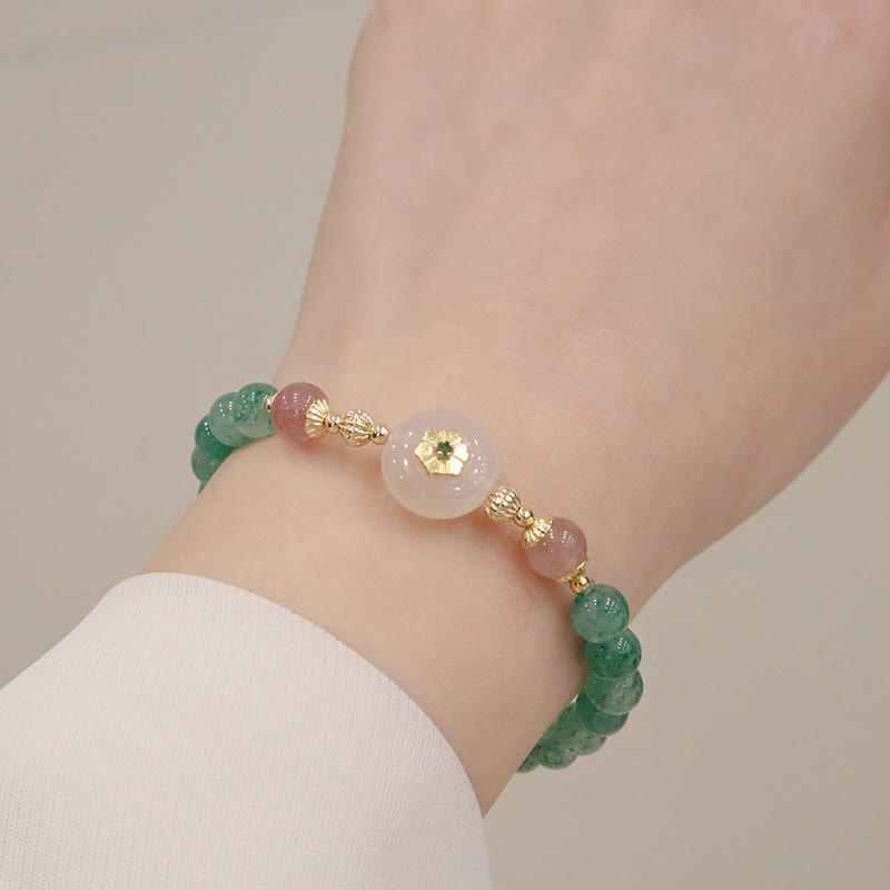 Bracelet de gratitude en Buddha Stones en quartz fraise vert naturel et calcédoine