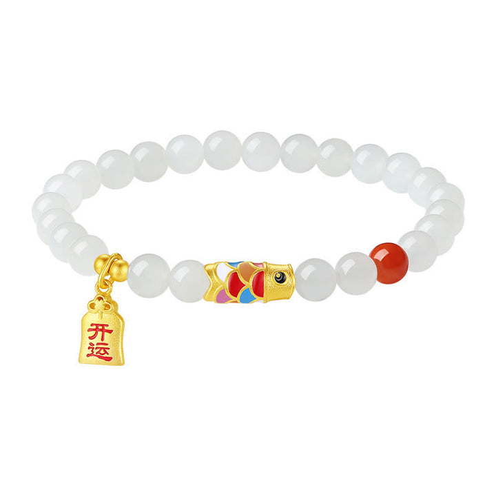 Bracelet porte-bonheur en argent sterling 925 Buddha Stones et jade blanc Hetian, agate rouge, poisson koï