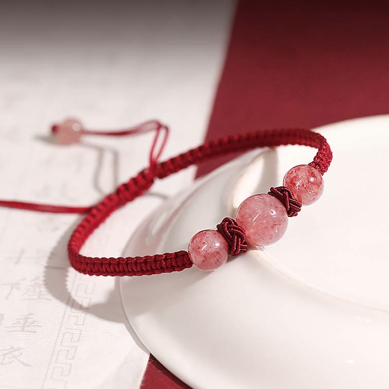 Bracelet de cheville tissé en fil rouge avec cristal de quartz fraise naturel Buddha Stones