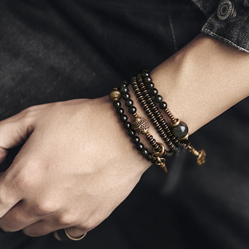 Bracelet multicouche positif en cuivre et bois d'ébène avec Buddha Stones arc-en-ciel obsidienne