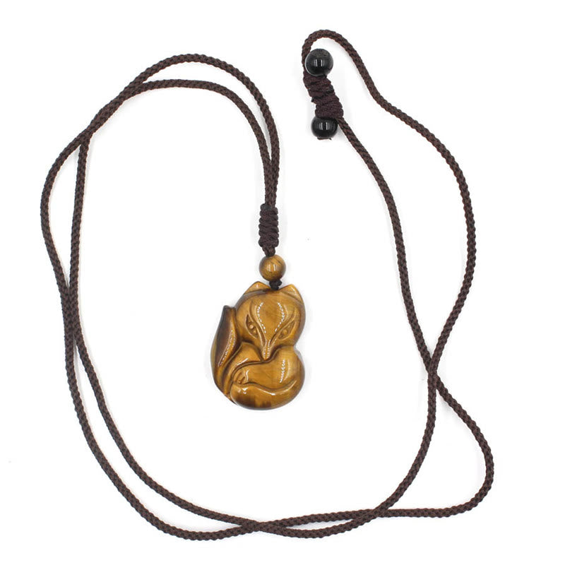 Buddha Stones Collier Amulette pendentif Renard en Obsidienne noire naturelle Oeil de tigre Obsidienne glacée
