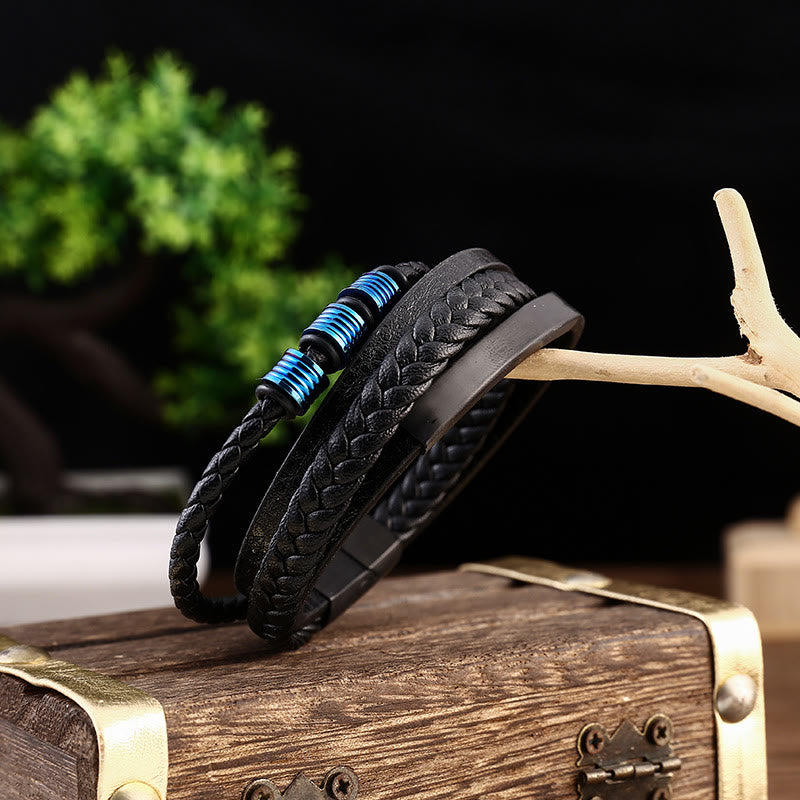 Bracelet en cuir multicouches avec boucle magnétique tressée en acier titane et Buddha Stones