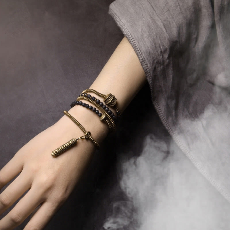 Bracelet multicouche de guérison en cuivre et pierres de lave vintage de Buddha Stones