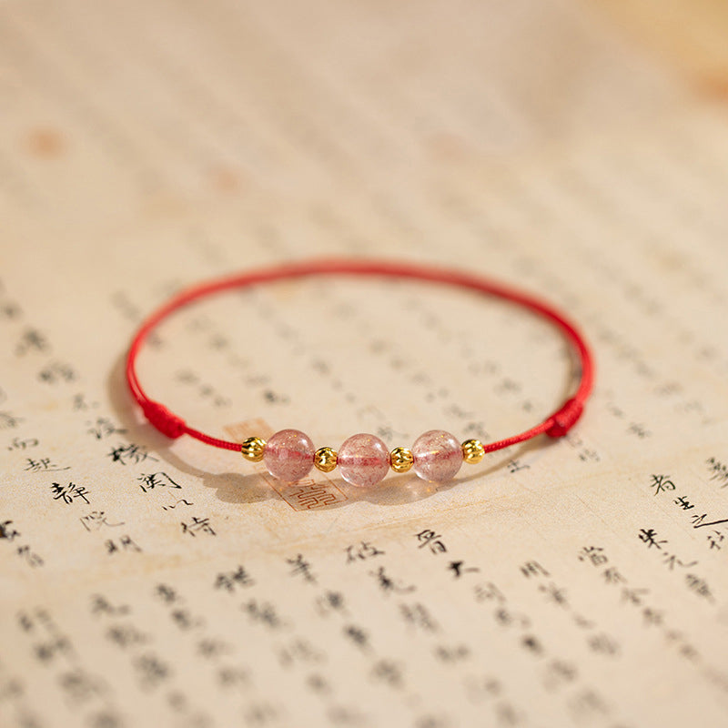 Bracelet de cheville en fil rouge avec perles en cristal de fraise et Buddha Stones
