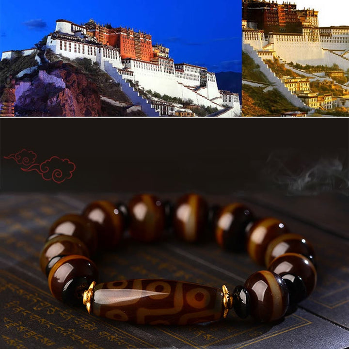 Bracelet tibétain en agate naturelle à neuf yeux avec perles dzi et Buddha Stones