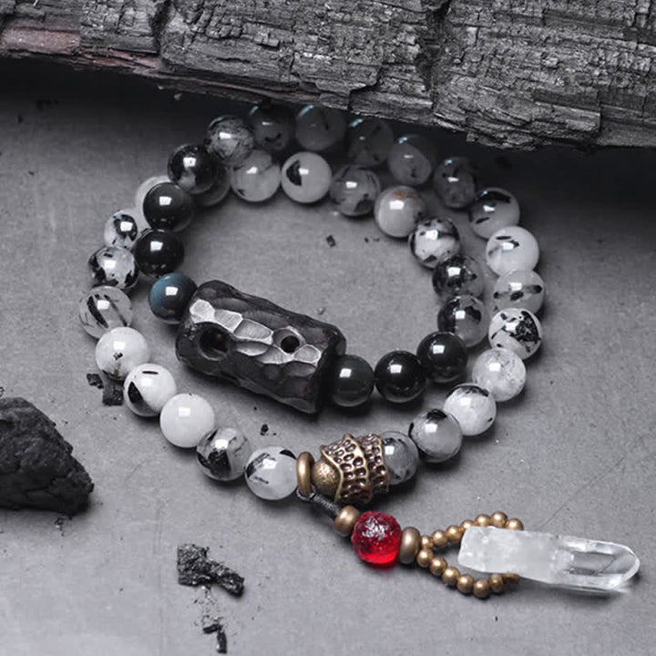 Bracelet Couple Succès en Bois d'Ébène et Quartz Rutile Noir et Cristal Blanc