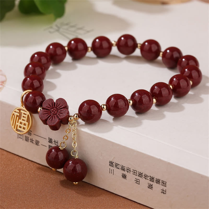 Bracelet de bénédiction en fleurs de cerisier avec personnage Fu et Buddha Stones en cinabre