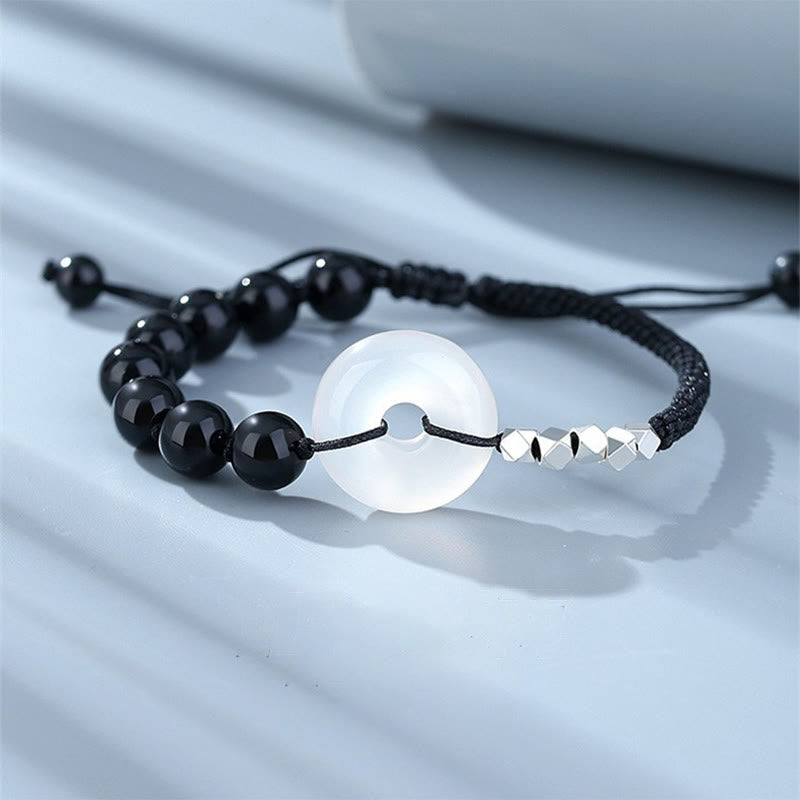 Bracelet de force en argent sterling 925 avec boucle de paix et agate obsidienne noire de Buddha Stones