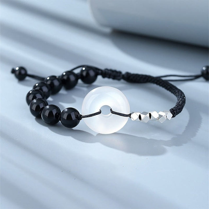 Bracelet de force en argent sterling 925 avec boucle de paix et agate obsidienne noire de Buddha Stones