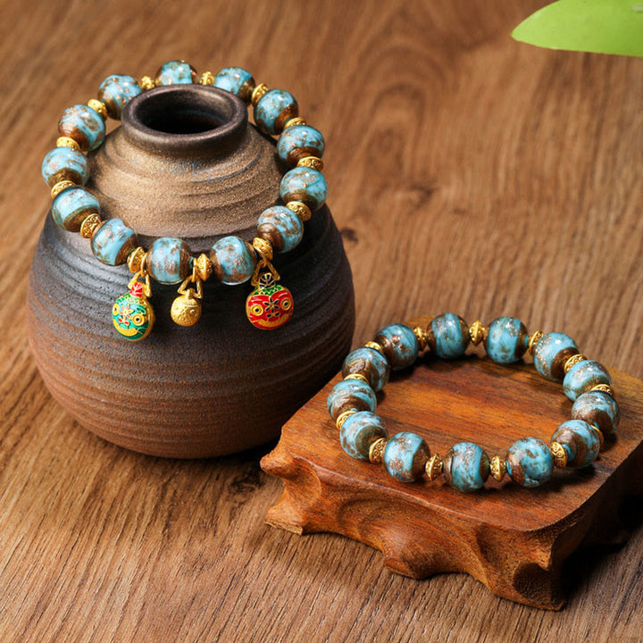 Bracelet porte-bonheur en perles de verre Liuli avec breloque de la famille des bêtes avaleuses en or et Buddha Stones