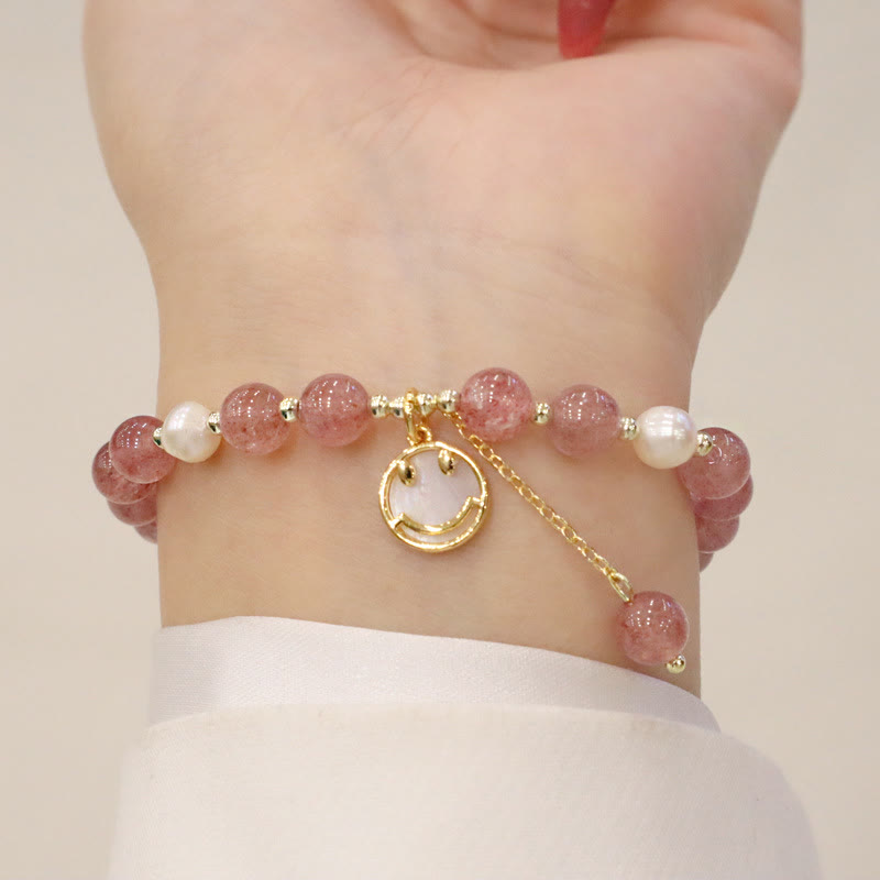 Bracelet de guérison à breloques en forme de queue de poisson avec Buddha Stones de quartz fraise et visage souriant d'élan