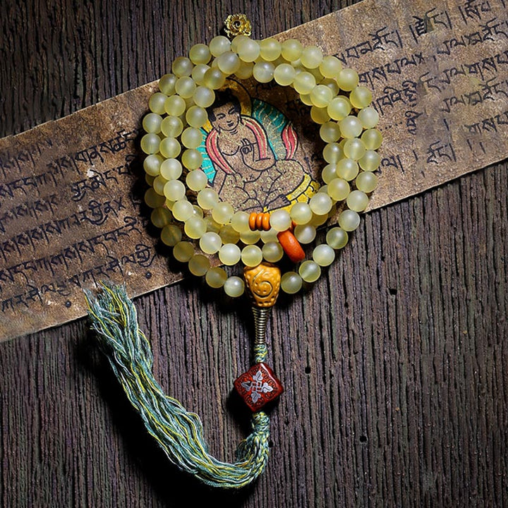 Bracelet porte-bonheur en ambre avec 108 Buddha Stones de Mala en corne de mouton du Tibet