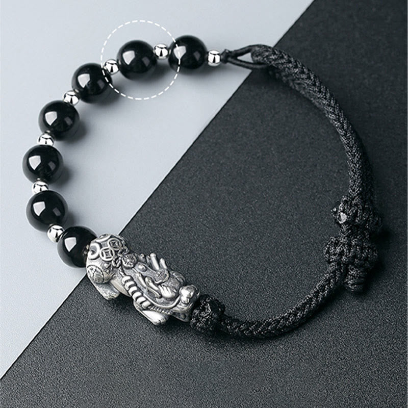 Bracelet de force en argent sterling 925 avec perles d'obsidienne noire naturelle FengShui PiXiu en argent sterling 999 et Buddha Stones