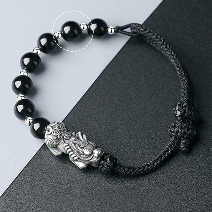 Bracelet de force en argent sterling 925 avec perles d'obsidienne noire naturelle FengShui PiXiu en argent sterling 999 et Buddha Stones