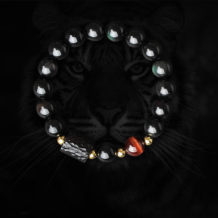 Bracelet de couple en obsidienne noire et bois d'ébène avec œil de tigre rouge