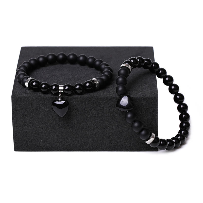 Bracelet de couple en pierre de cristal d'onyx noir Buddha Stones 2 pièces Protection du cœur d'amour