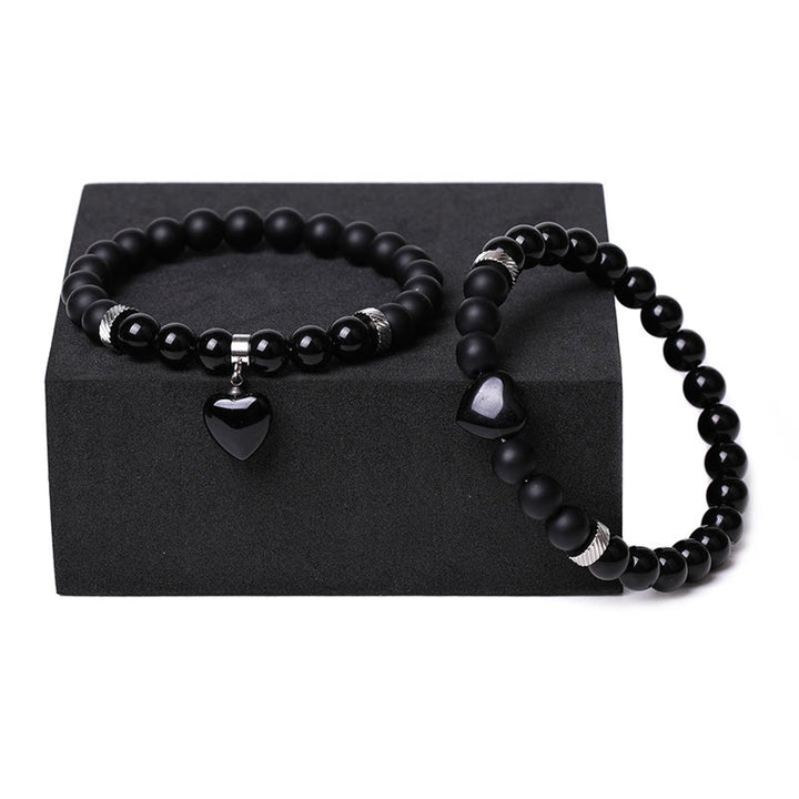 Bracelet de couple en pierre de cristal d'onyx noir Buddha Stones 2 pièces Protection du cœur d'amour