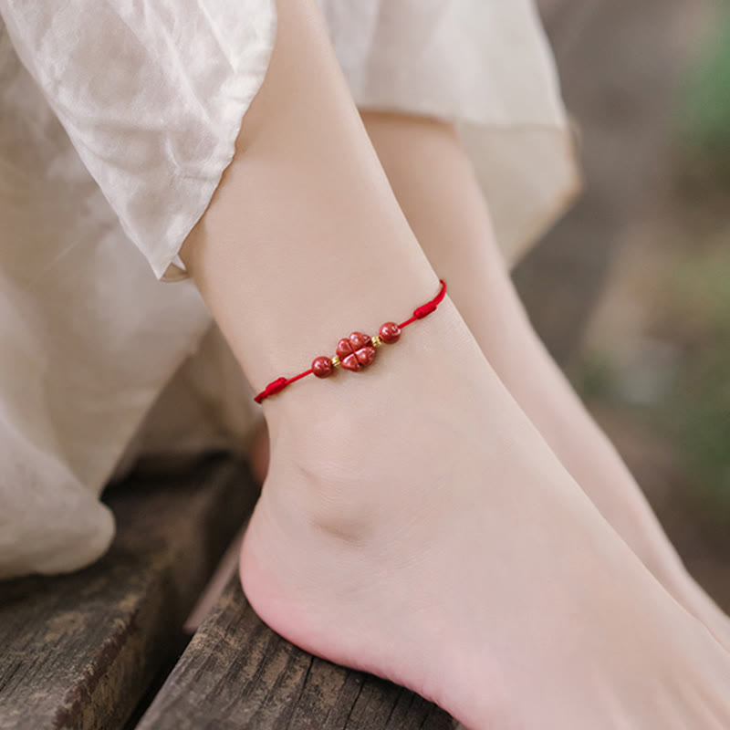 Bracelet de cheville en corde calme Buddha Stones à quatre feuilles et bénédiction en cinabre