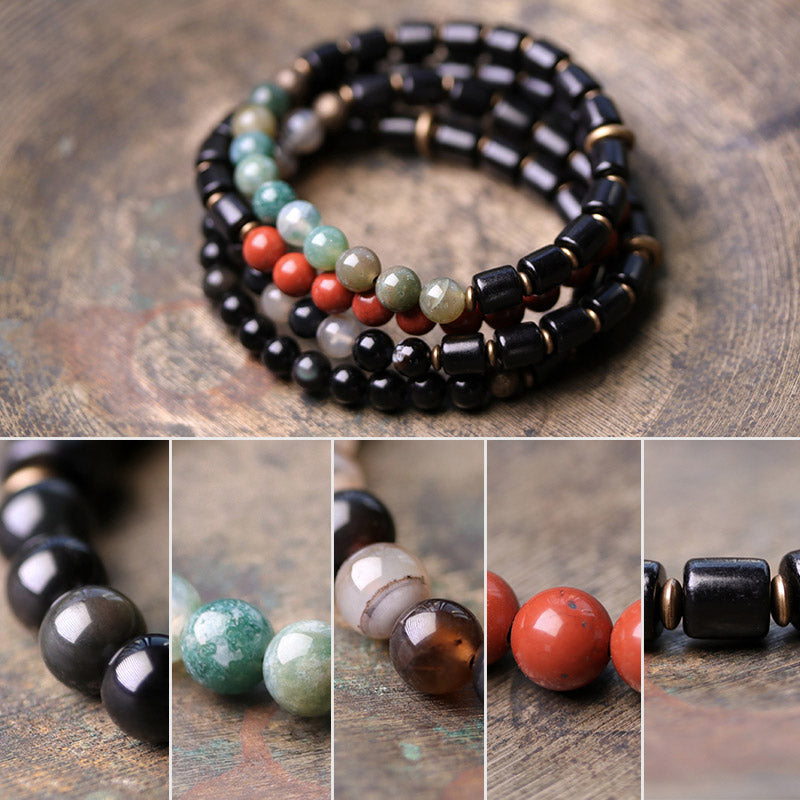 Bracelet couple paix Buddha Stones bois d'ébène jaspe rouge mousse agate cristal cuivre