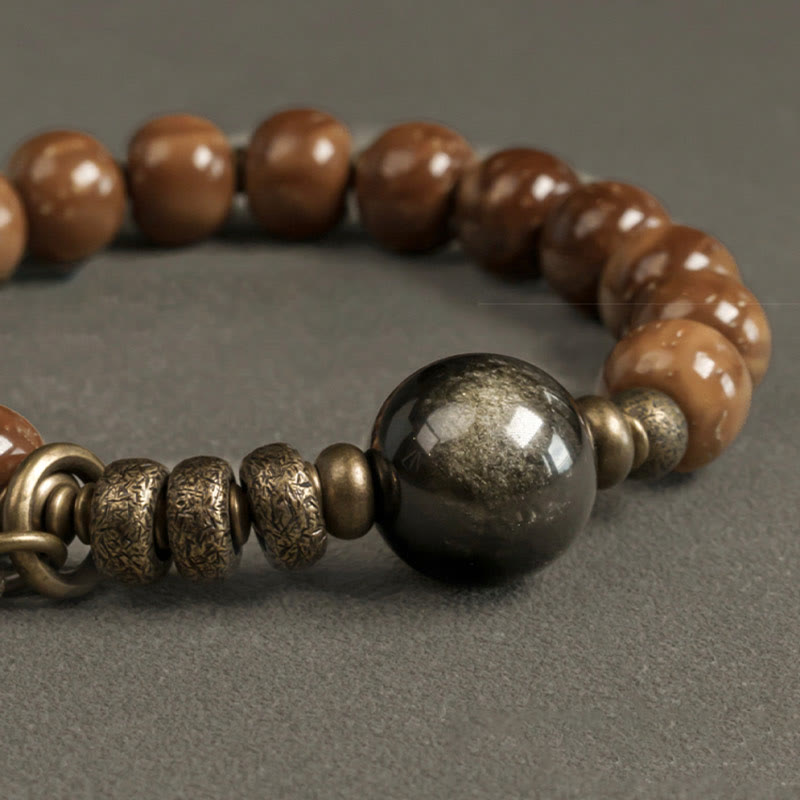 Bracelet porte-bonheur en cuivre et obsidienne dorée avec Buddha Stones de Kuka et œil de tigre