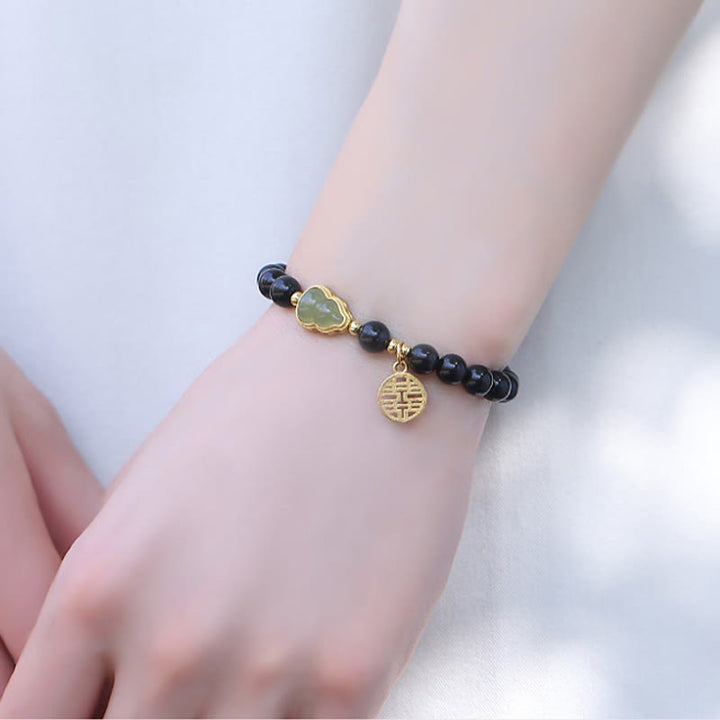 Bracelet de force double bonheur en obsidienne noire naturelle en jade Hetian