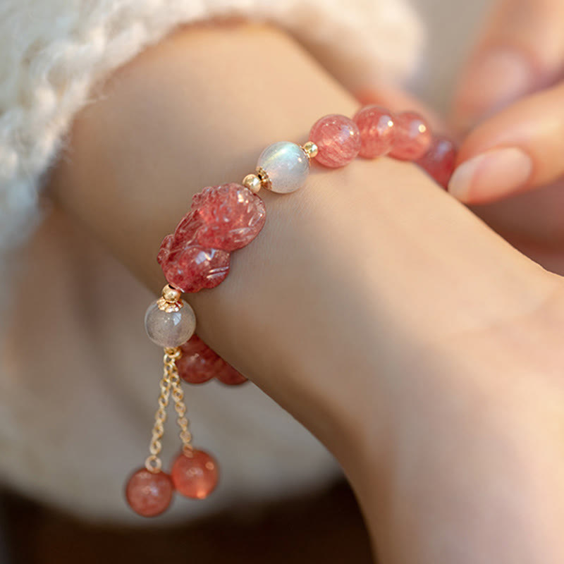 Bracelet de guérison d'amour PiXiu en pierre de lune et quartz fraise naturel Buddha Stones