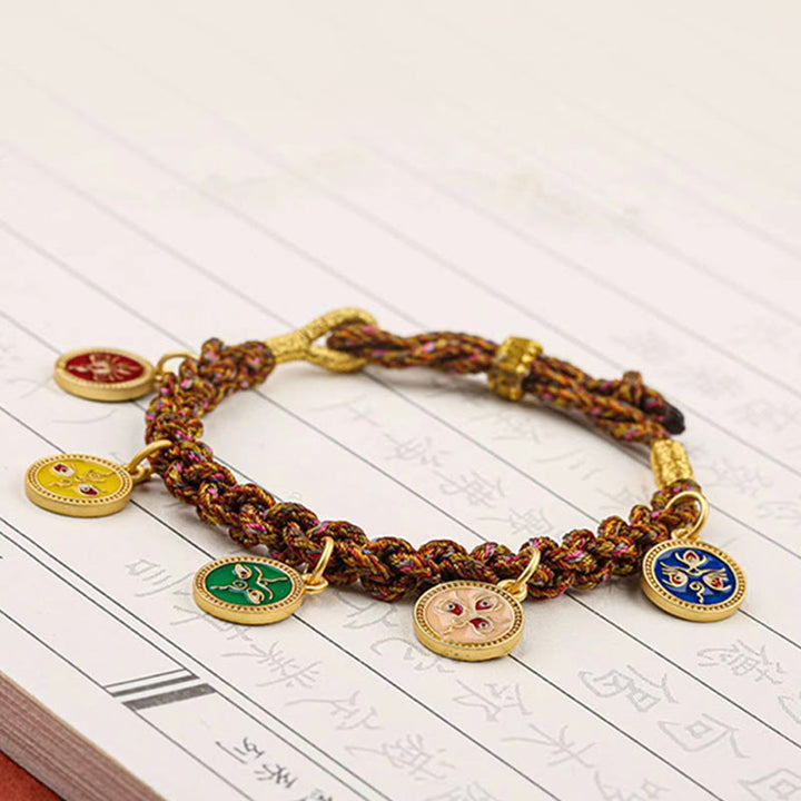 Bracelet Thangka Tibétain en Cordon Tressé Chanceux avec Cinq Dieux de la Richesse