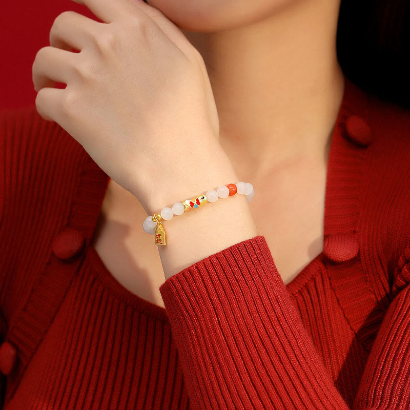 Bracelet porte-bonheur en argent sterling 925 Buddha Stones et jade blanc Hetian, agate rouge, poisson koï