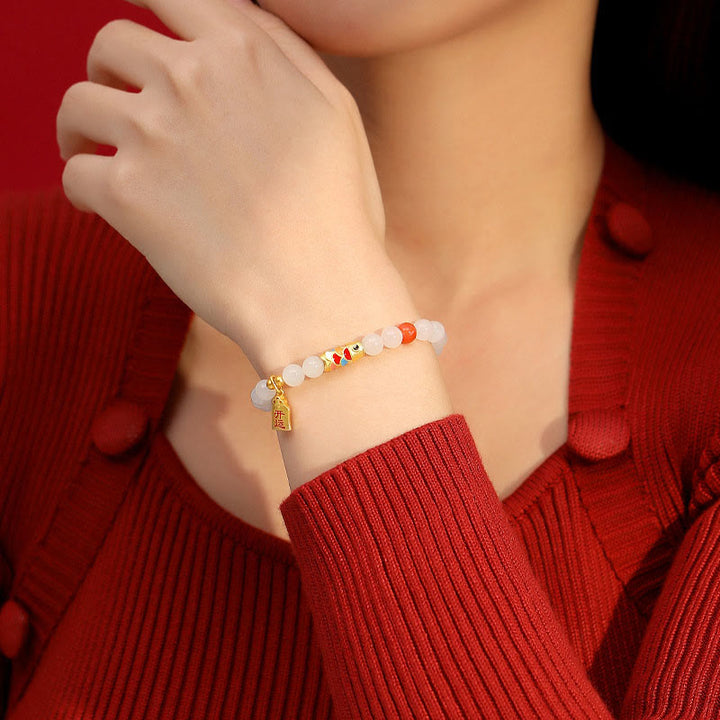 Bracelet porte-bonheur en argent sterling 925 Buddha Stones et jade blanc Hetian, agate rouge, poisson koï
